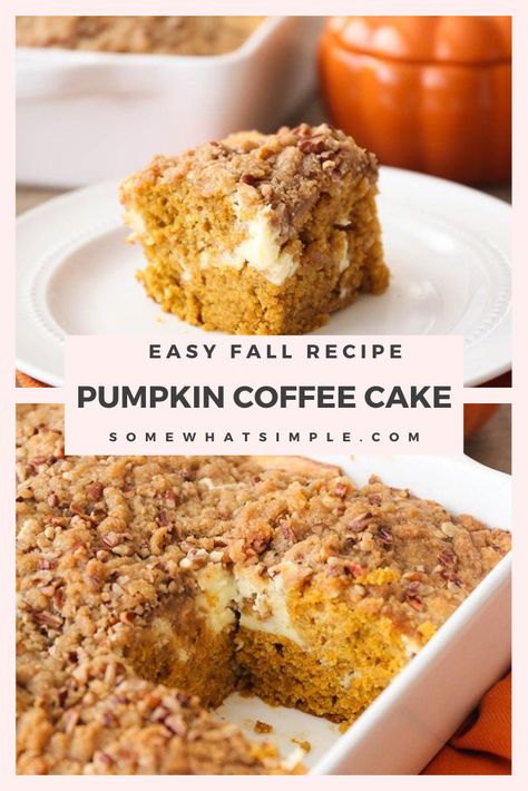 This pumpkin cream cheese coffee cake is so deliciously indulgent! Tender pumpkin cake with a sweet cheesecake layer, topped with a cinnamon pecan streusel. Made with cream cheese and pumpkin puree this coffee cake is going to knock your socks off! #pumpkincoffeecake #pumpkincreamcheesecoffeecake #falldesserts #easypumpkindessert #easypumpkincoffeecake via @somewhatsimple Easy Pumpkin Coffee Cake With Streusel, Pumpkin Desserts Cream Cheese, Layered Pumpkin Coffee Cake, Cream Cheese Pumpkin Coffee Cake, Bisquick Pumpkin Coffee Cake, Pumpkin Cheesecake Coffee Cake, Cream Cheese Pumpkin Recipes, Cinnamon Streusel Pumpkin Coffee Cake, Recipes Made With Pumpkin Puree