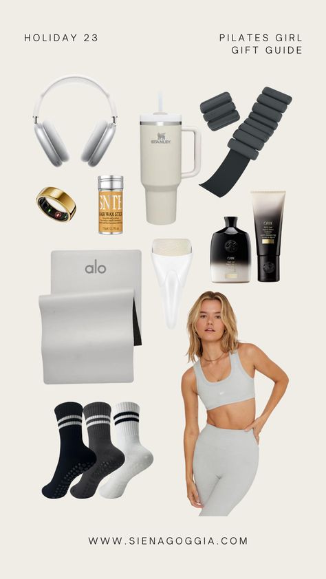 Pilates girl gift guide. Clean girl aesthetic. Amazon must have and everyday basics Pilates Inspo Aesthetic, Well Pilates, Workouts Fits, Pilates Girl Aesthetic, Pilates Set, Health Era, Pilates Branding, Pilates Ideas, Bala Bangles