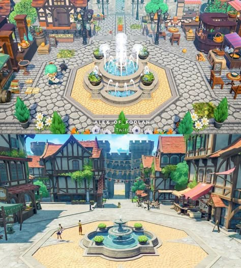 Acnh Courtyard, Acnh Entrance Designs, Animal Crossing Genshin, Horizon City, Animal Crossing Pc, Ac Ideas, Acnh Island Ideas, Island Map, Animal Crossing Designs