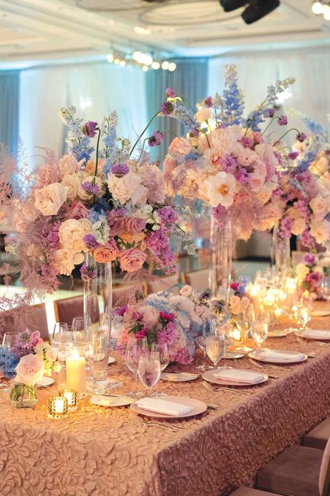 Pink And Purple Wedding Reception, Pink Purple And Blue Wedding Colors, Pink Purple And Blue Party Decorations, Pastel Reception Decor, Pink Blue And Purple Wedding Theme, Purple Pink Blue Wedding Theme, Wedding Flowers Pink And Purple, Lavender Pink And Blue Wedding, Pink Purple Blue Centerpieces