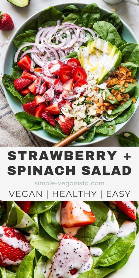 Vegan Strawberry Salad, Vegan Spinach Salad Recipes, Vegan Spinach Salad, Strawberries Salad, Power Salads, Ovulation Phase, Salad With Poppy Seed Dressing, Simple Veganista, Strawberry Avocado Salad