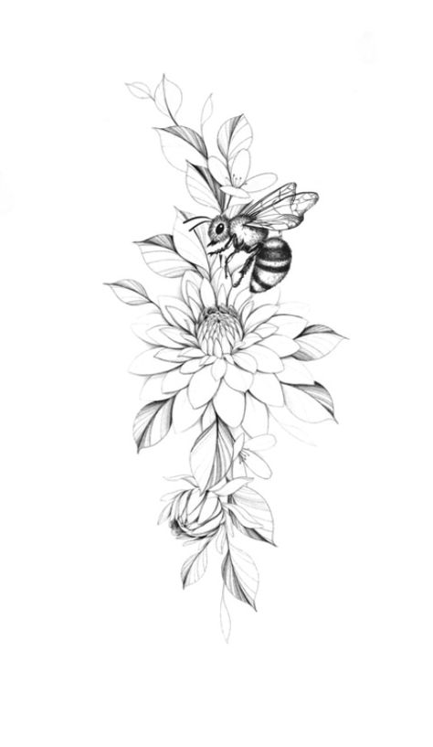 Bee Spine Tattoos For Women, Bees On Flowers Tattoo, Butterfly Bee Flower Tattoo, Lily And Bee Tattoo, Bee And Floral Tattoo, Bumble Bee Flower Tattoo, Flowers With Bees Tattoo, Bumblebee Flower Tattoo, Floral Bee Tattoo Design