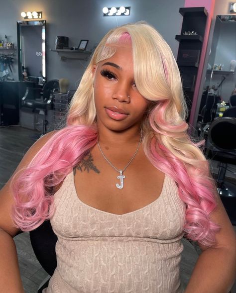 wig inspiration, wigs, pink wig, blonde wig, black girl, lashes, perfection Blonde Pink Wig Black Women, 613 Wig With Pink Highlights, Blonde And Pink Hair Wig, 613 Wig Dyed, 613 With Pink Highlights, Pink And Blonde Quick Weave, Pink Bussdown Wig, Grey Wig With Pink Streaks, Blonde Wig With Pink Skunk Stripe