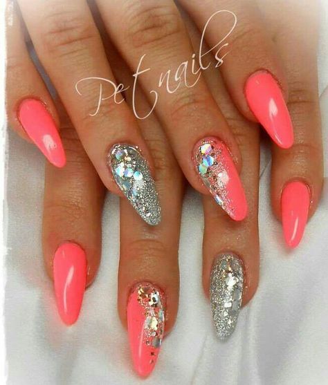 Peach Silver Glitter Coral Glitter Nails Summer, Coral Cat Eye Nails, Coral Nails With Design Summer Sparkle, Coral Nails With Glitter, Salmon Nails, Sparkly Nail Designs, Coral Nails With Design, Silver Nail Designs, Fancy Nail Art