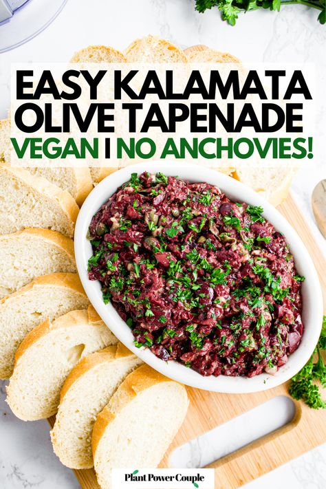 Vegan Olive Tapenade Greek Olive Tapenade Recipe, Vegan Antipasto Platter, Kalamata Olive Tapenade, Olive Tapenade Crostini, Kalamata Olive Recipes, Vegan Mezze, Vegan Tapas, Black Olive Tapenade, Olive Tapenade Recipe