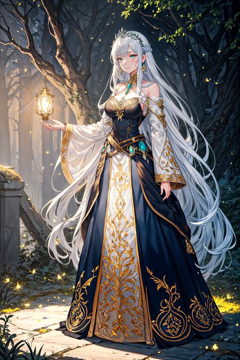 "Unlock the magic of twilight with our ethereal digital painting: a mysterious, petite lady adorned in intricate jewelry and a dark blue Victorian dress, standing amidst an enchanted forest. Let her glowing pendant and sharp, aqua gaze guide you through an ancient, starlit world. A masterpiece of serenity and strength." Victorian Princess Dress, Blue Victorian Dress, Ancient Character, Anime Princess Dress, Twilight Forest, Intricate Jewelry, Ethereal Dresses, Cinderella Art, Dragon Ball Super Wallpapers