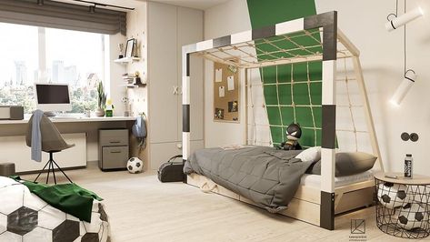 Soccer Bedroom Ideas, Soccer Themed Bedroom, Thomas Bedroom, Soccer Bedroom, Football Bedroom, Kids Room Bed, Football Rooms, Bali House, Living Room Tiles