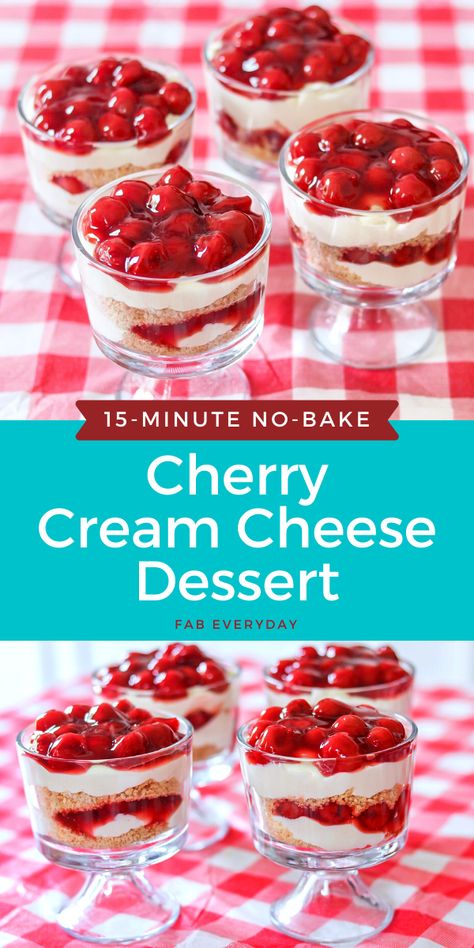 If you’re looking for cream cheese dessert recipes, this quick cream cheese dessert doesn’t get any quicker or easier. By using prepared cherry pie filling, these no-bake cherry cheesecake cups can be made in 15 minutes . This recipe yields 8 regular-sized cherry cream cheese dessert cups, or several mini desserts if serving in mini dessert cups for parties. Click or visit FabEvryday.com for the No-Bake Cherry Cream Cheese Dessert recipe if you're looking for canned cherry pie filling recipes. Cherry Filling Recipes Canned, Cherry Desserts Cream Cheese, Mini Dessert Cups Recipes No Bake, No Bake Cherry Cheesecake Cups, Canned Cherry Pie Filling Desserts, Recipes Using Canned Cherry Pie Filling, Desserts With Canned Cherries, Cream Cheese Cherry Pie Filling Recipes, Canned Cherries Recipes Desserts