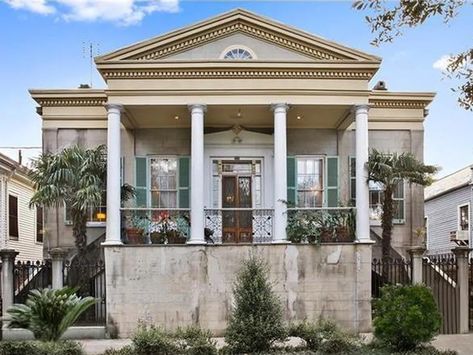 Mapping center halls for sale in New Orleans New Orleans Style Homes, Iron Balcony Railing, Creole Cottage, Greek Revival Home, Shotgun House, Iron Balcony, Single Story Homes, Live Oak Trees, New Orleans Homes