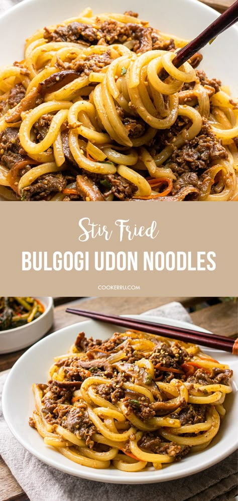 Stir-Fried Bulgogi Udon Noodles Bulgogi Pasta Recipe, Udon Noodle Recipe Ground Turkey, Udon Noodle Lunch, Bulgogi And Noodles, Udon Noodle Recipe Pork, Beef Bulgogi Udon Noodles, Bulgogi Beef Noodles, Beef Udon Recipe, Bulgogi With Noodles