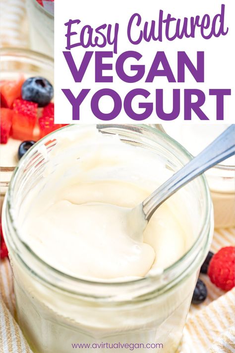 Make an incredibly easy and delicious vegan yogurt with this simple recipe. It's thick, creamy, and perfect when dolloped on fruit or dessert! This recipe can be made with an Instant Pot or without, and it's made from simple ingredients with no gums or thickeners. #homemadeyogurt #vegan #veganyogurt #recipe #breakfast #dessert #instantpot Raw Vegan Yogurt, Vegan Yoghurt Recipe, Vegan Miracle Whip Recipe, Vegan Greek Yogurt Recipe, Oat Yogurt, Vegan Yogurt Recipe, Vegan Yoghurt, Vegan Greek Yogurt, Diy Yogurt