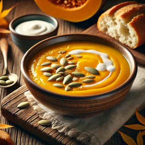 🍂 Dish: Creamy Pumpkin Soup Warm up during the fall with a comforting bowl of creamy pumpkin soup. It’s made with roasted pumpkin, onions, garlic, and a blend of spices like cinnamon and nutmeg. 👩‍🍳 Pro Tip: Top the soup with roasted pumpkin seeds and a drizzle of cream for extra texture and richness. Meal Prep Family, Pumpkin Cream Soup, Baking Dessert Recipes, 100k Youtube, Recipes Meal Prep, Healthy Recipes Easy, Creamy Pumpkin Soup, Fresh Pumpkin, Roasted Pumpkin