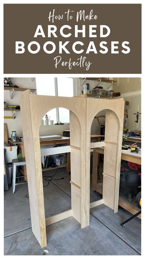 Learn how to make arched bookcases the right way. I played around for a while and finally got it to work. I attached the entire face of this to the bookcases with brad nails and glue. Don't miss out on this step-by-step guide! Arched Bookcases, Arched Bookcase, Diy Projects To Make And Sell, Bookcase Diy, Brad Nails, Grandmas House, Built In Shelves, Diy Shelves, Display Cabinet