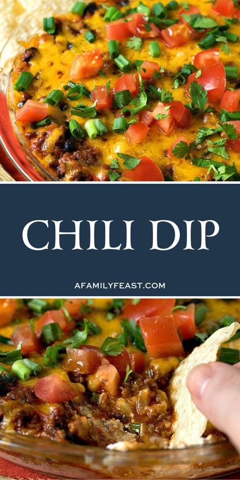 This crazy-good Chili Dip appetizer is one decadent layer after another of cream cheese, shredded Monterey Jack, scallions, chili, and shredded cheddar cheese – all flavors that perfectly complement each other.  Then it's baked until warm and melted, and finally topped with fresh diced tomatoes, cilantro and sprinkles of more scallions before serving. #chilidip #appetizer Chili Cheese Appetizer, Chili Dip With Cream Cheese, Chili Appetizer, Cream Cheese Chili Dip, Chili Dip Recipes, Chili Cheese Dip Recipes, Gameday Recipes, Top Appetizers, Chili Cheese Dip