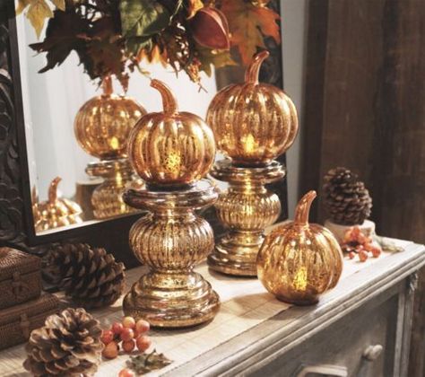 Set-of-2-Lit-Candle-Holder-Pedestals-Mirror-Inserts-by-Valerie-Mercury-Glass Glass Pumpkins Display, Qvc Christmas, Cloche Ideas, Harvest Dinner, Fall Decor Home, Fall House, Classy Halloween Decor, Fall Vignettes, Valerie Parr Hill