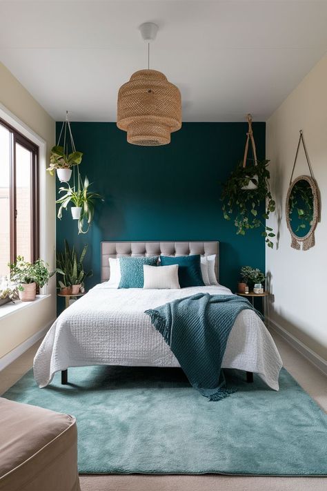 Deep Teal Accent Wall Bedroom, Teal House Interior, Teal Statement Wall, Turqoise Bedroom Master Colour Schemes, Sage And Teal Bedroom, Peacock Teal Bedroom, Cerulean Blue Bedroom, Master Bedrooms With Green Accent Wall, Green Blue White Bedroom