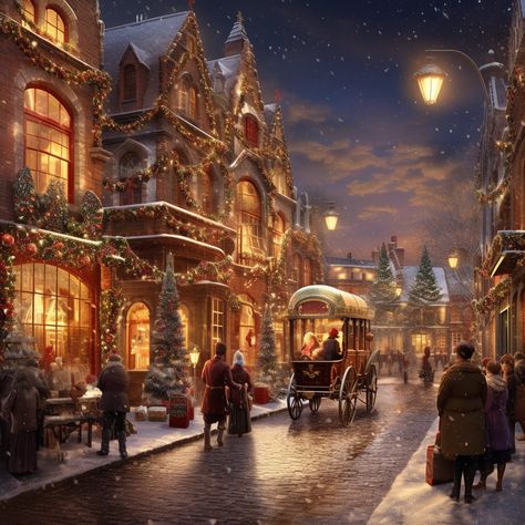 A wonderous magical Victorian Christmas street scene. Christmas Street Aesthetic, Christmas Scenes Wonderland Vintage, Victorian Christmas Images, Victorian Christmas Aesthetic, Mums Painting, Fairytale Christmas, Bloxburg City, Christmas Street, Winter Christmas Scenes