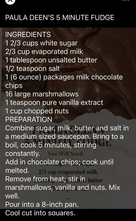 Paula Deen’s 5 min fudge 5 Min Fudge, 5 Minute Fudge, Fudge Ingredients, Fudge Recipes Chocolate, Jam And Jelly, Paula Deen, Milk Chocolate Chips, Baking Sweets, Fudge Recipes