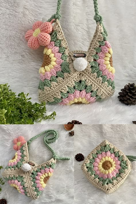 crochet patterns free-crochet ideas- crochet yarn Diy Crochet Flowers Tutorial, Crocheted Purses, Diy Crochet Flowers, Tote Crochet, Men Crochet, Free Crochet Bag, Crochet Bag Pattern Free, Mode Crochet, Pola Amigurumi