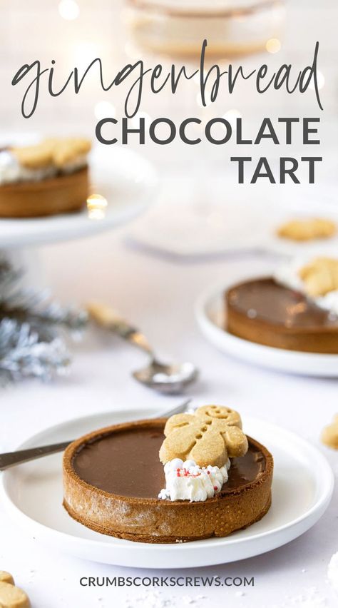 This gingerbread chocolate tart is a beautiful dessert for your Christmas day table that will wow your guests and it's easy to make too. A spiced chocolate ganache filling sits inside a beautiful crisp gingerbread pastry case, decorated on top with whipped cream, gingerbread men and festive sprinkles. #gingerbreadtart #gingerbreadchocolatetart #gingerbread #pastry #christmasdessert #chocolateganache #gingerbreadpastry #festivebaking Chocolate Gingerbread Tart, Gingerbread Chocolate Tart, Christmas Day Desserts Ideas, Christmas Tart Recipes, Gingerbread Tart, Christmas Tarts, Christmas Day Table, Chocolate Tart Recipe, Cake Pucks