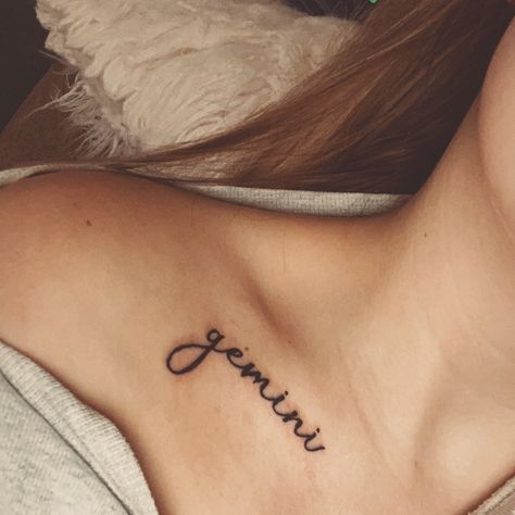 Tattoo Ideas Female Gemini, June Calligraphy, Tattoo Gemini, Collar Bone Tattoos, Small Shoulder Tattoos, Bone Tattoos, Gemini Tattoo, Shoulder Tattoos, Calligraphy Ink