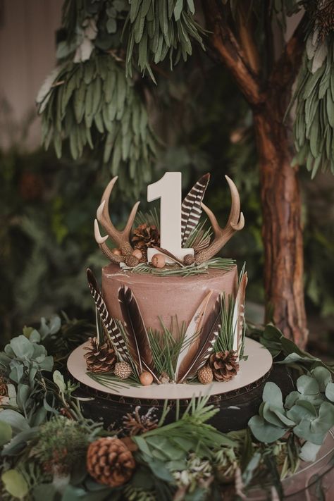 Ideogram The Hunt Is Over Grooms Cake, Decorating With Antlers, 1st Birthday Cake, Woodland Theme, Birthday Cake Decorating, Grooms Cake, Wild Ones, Pine Cones, A Table