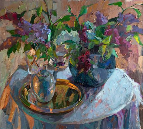 Still life painting with lilac in a vase, a teapot and a teacup on the table Elena Morozova, Tea Painting, Sunflower Sketches, Teacup Flowers, Yellow Peonies, Peach Peonies, Still Life Paintings, Still Life Flowers, Autumn Magic