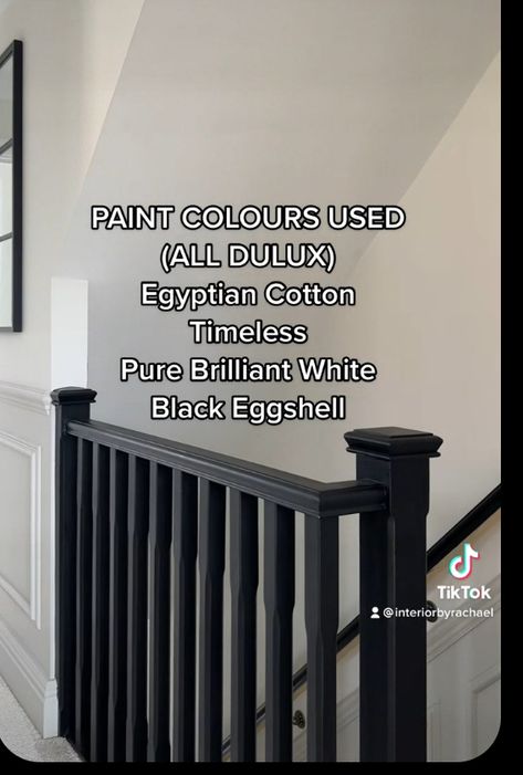 French Grey Staircase, Dulux Black Paint Colours, Living Diner Room Ideas, Painted Banister Ideas Colour, Black Stair Case Ideas, Black Skirting Boards Grey Walls, Egyptian Cotton And Black Living Room, Coloured Bannister, Stairs Landing Decor