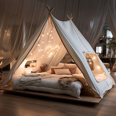 Ecosapiens on Instagram: "A tent-inspired bed is a whimsical and cozy sleeping haven that brings the spirit of outdoor adventure into your bedroom. This unique bed design combines the comfort of a traditional bed with the charm and nostalgia of camping. The bed frame often features a canopy or top cover made of fabric that mimics the appearance of a tent, complete with zipper entrances and mesh windows for an authentic touch. Conceptual AI Art Follow @ecosapiens for more!" Unique Bed Design, Unique Bed, Blanket Fort, Bed Tent, Traditional Bed, Outdoor Adventure, Bed Design, The Spirit, Bed Frame