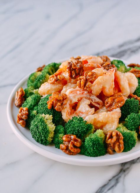 Walnut Shrimp, by thewoksoflife.com Chinese Starters, Chinese Banquet, Chinese Fish, Sichuan Food, Broccoli Crowns, Wok Of Life, Woks Of Life, The Woks Of Life, Walnut Shrimp