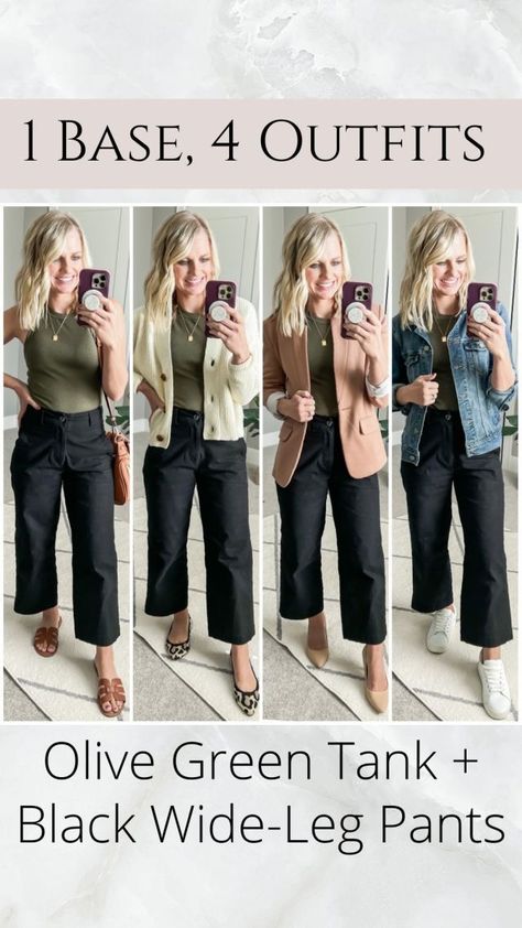 Casual Work Outfits Black Pants, Spring Outfits With Black Pants, How To Wear Black Wide Leg Pants, Black Linen Pants Work Outfit, Black Wide Leg Pants Outfit Spring, Chilly Spring Outfits Work, Wearing Vs Styling Outfits Summer, Olive Capsule Wardrobe, Olive Green Pants Outfit Women Casual