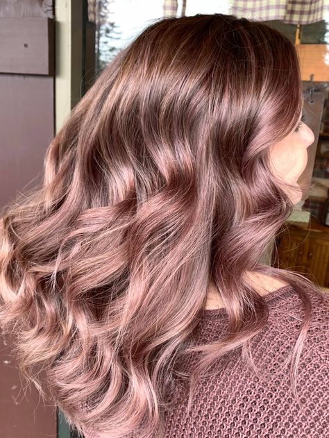 Mauve Hair Highlights, Peekaboo Highlights Wavy Hair, Ash Rose Gold Hair, Ash Rose Hair, Violet Rose Hair, Rose Gold Brown Hair, Rose Brown Hair, Dusty Rose Hair, Rose Gold Hair Brunette