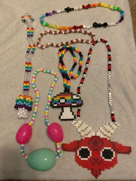 Perler Bead Kandi Necklace, Kandi Perler Necklace, Kandi Necklace Ideas, Kandi Collection, Kandi Creations, Perler Necklace, Core Clothes, Kandi Necklace, Kandi Perler