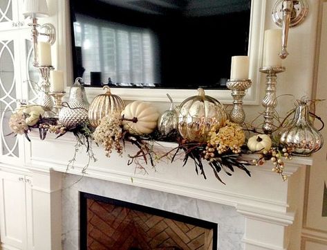 Fall Decor Tips Home Tour - Randi Garrett Design. Mercury glass pumpkins and white pillar candles. Mercury Glass Pumpkins, Mercury Glass Decor, Halloween Mantel Decor, Fall Mantle Decor, Fall Fireplace, White Pillar Candles, Fall Mantle, Rustic Fall Decor, Fall Decor Ideas