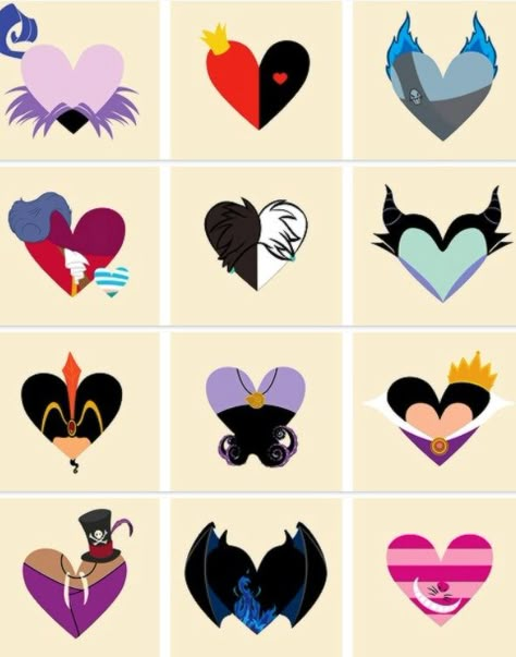 Villain hearts Disney Villain Outline Tattoo, Disney Villains Nail Designs, Villian Tattoo Ideas, Villains Nails, Disney Villain Tattoo, Disney Villain Nails, Disney Villain Svg, Maleficent Tattoo, Cute Disney Tattoos