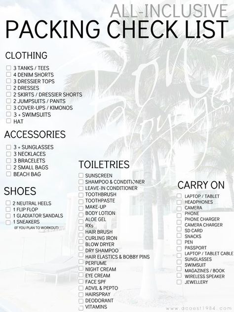 ~ All-inclusive Packing Checklist Mexico Packing List, Honeymoon Packing List, Jamaica Trip, Beach Vacation Packing List, Beach Vacation Packing, Cancun Vacation, Travel Packing Checklist, All Inclusive Trips, Star Stable Online