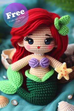 Ariel Amigurumi embodies the enchanting appeal of oceanic tales, crafted with intricate detail in this crochet rendition of a beloved mermaid character. Ariel Crochet Pattern Free, Free Crochet Mermaid Pattern, Ariel Crochet Pattern, Crochet Ariel, Ariel Amigurumi, Ariel Crochet, Little Mermaid Crochet, Princesa Ariel Disney, Mermaid Character