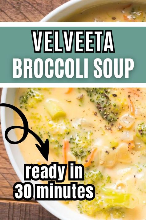 Velveeta broccoli cheese soup is even creamier using velveeta cheese to make the broth. Cheddar goodness and you’ll need less than 30 minutes for this simple appetizers recipe. If you're looking for easy winter soups & vegetarian recipes for lunch and dinners, check out this recipe here! Easy Broccoli Soup Recipes, Soup Recipes With Velveeta Cheese, Broccoli Cheddar Soup With Velveeta Cheese, Broccoli And Cheese Soup Recipe, Easy Crockpot Broccoli Cheese Soup, Velveeta Soup Recipes, Soups Made With Velveeta Cheese, Easy Simple Soup, Broccoli Cheddar Soup With Velveeta