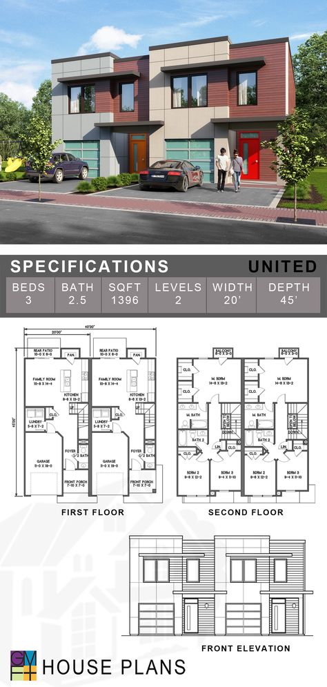 The inspiration for the name of our United model plan comes from the "The Liberty Song," written in 1768 …”join hand in hand, brave Americans all, by uniting we stand, by dividing we fall.” This plan provides two contemporary townhouse units, identical layouts on each side with a single-car garage and three bedrooms on the second floor. The total width of each unit is 20’0”, and with a modification request, we could provide plans for additional attached units, comprising groups of up to seven. Single Unit Apartment Plan, Houses With Apartments Attached, Twin House Design Plan, Townhouse Plans With Garage, Modern Apartment Building Floor Plans, Modern Townhouse Plans, 3 Unit Apartment Building Floor Plans, House With Apartment Attached, 3 Bedroom Townhouse Floor Plan 2 Story