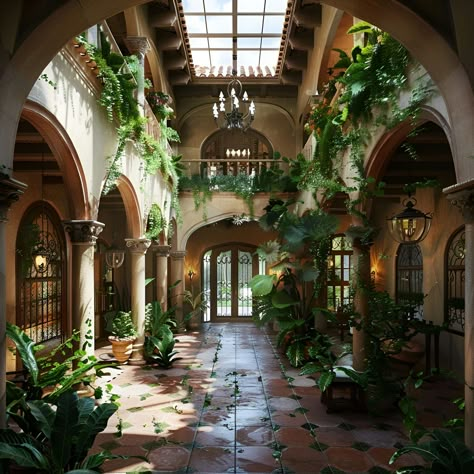 Explore the lush atrium of an old Spanish-style mansion, featuring a courtyard bursting with greenery, hanging vines, and skylights. Admire the detailed red terracotta tiles, stone columns, and arched doorways. Warm lighting and hanging chandeliers enhance the hyper-realistic architectural beauty, perfect for inspiration. Spanish Architecture Interiors, Spanish Conservatory, Home With Courtyard In The Middle, Houses With Courtyards, Atrium Ideas, Indoor Courtyard Under Staircase, Castle Courtyard, Spanish Courtyard Ideas, House Courtyard