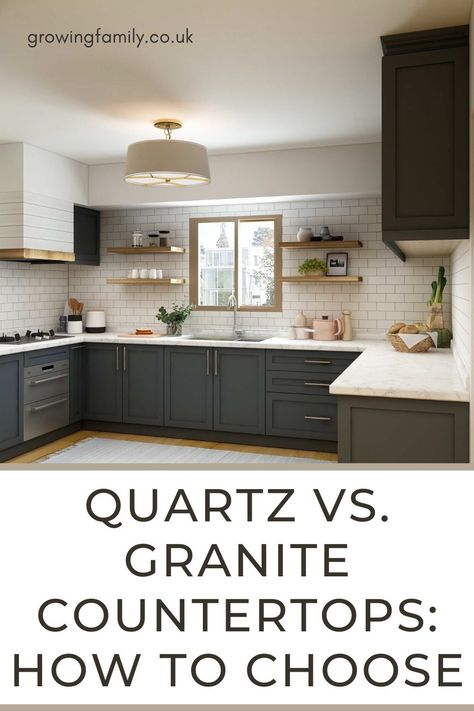 Struggling to choose between quartz or granite for your kitchen worktops? These tips will help you decide on the best option for your home. #growingfamily Kitchen Worktop Styling, Expensive Kitchen, Worktops Kitchen, Granite Worktop Kitchen, Quartz Worktop, White Worktop, Contemporary Style Kitchen, Granite Worktops, Quartz Worktops