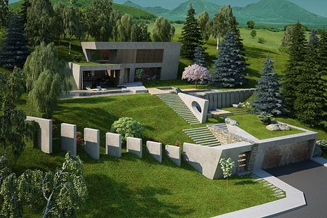 House & garden on a steep terrain on Behance Landscaping On A Slope, Sri Lanka House, House Front Garden, House Garden Design, Pakistan House, Slope House Design, House On Slope, Garden Design Software, Steep Gardens