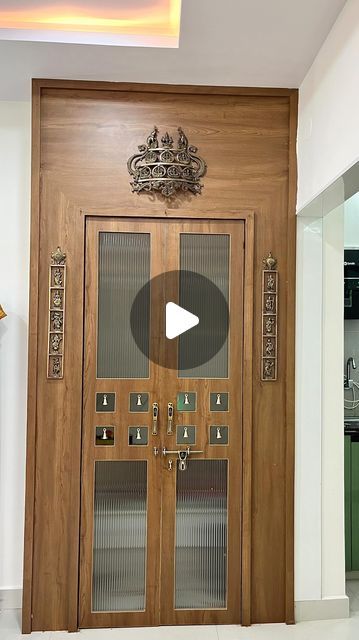 Pullam Srihith on Instagram: "The Pooja doors with fluted glass and Brass Dashavatar wall hangings." Pooja Room Design Door, Glass Pooja Room Design, Pooja Room Glass Door Designs, Pooja Room Ideas, Temple Glass, Fluted Glass Door, Pooja Door, Pooja Door Design, Glass Door Design