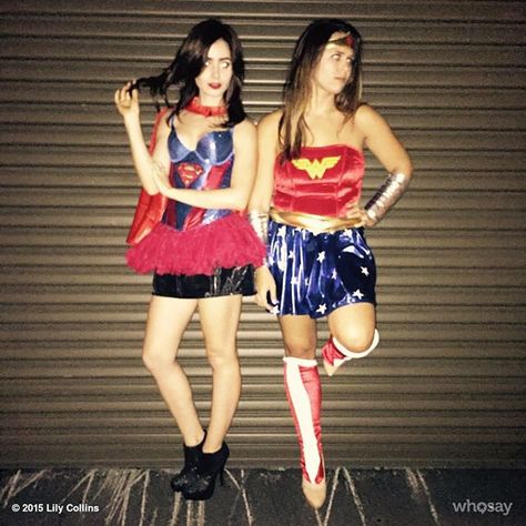 Pin for Later: All the Celebrity Halloween Costumes of 2015 Lily Collins as Supergirl and Her Friend as Wonder Woman Wonder Woman Costumes, 2015 Halloween Costumes, Woman Costumes, Best Celebrity Halloween Costumes, The Blind Side, Classic Halloween Costumes, Celebrity Halloween Costumes, Women Talk, Sandra Bullock