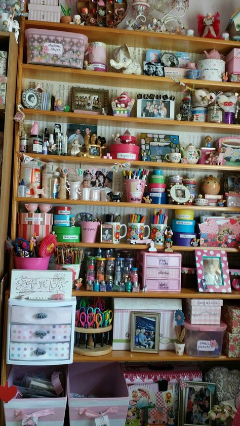 Thrifted Storage Ideas, Maximalist Storage, Small Art Room, Yellow Shelf, She Shed Interior, Antique Booth Displays, Art Shed, Craft Shed, Shed Interior