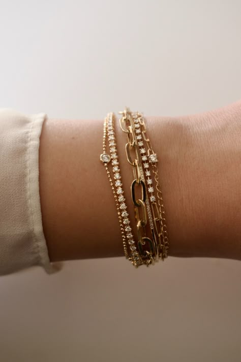 Layering Bracelets Gold, Everyday Jewelry Stack, Bracelet Stack Mixed Metals, Bracket Stacks, Mixed Metal Bracelet Stack, Everyday Ring Stack, Watch And Bracelet Stack, Bracelet Shoot, Dainty Bracelet Stack