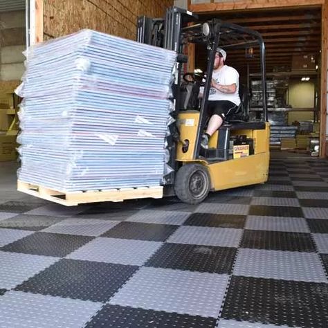 Warehouse Flooring Option: Interlocking PVC Tiles Coin Floor, Garage Warehouse, Fork Lift, Garage Tile, Garage Floor Tiles, New Garage, Garage Flooring, Garage Organize, Flooring Tiles