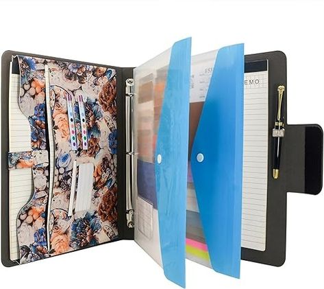 Amazon.com : 3-Ring Binder Clipboard Portfolio Organizer Folder Case, Flower Painting PU Leather Padfolio Ring Binder with Expanded Document Bag and Clipboard (Blue) : Office Products Ipad Portfolio Case, Leather Padfolio, Leather Ipad Case, Portfolio Case, Blue Office, Document Bag, Padfolio, 3 Ring Binders, Clipboard