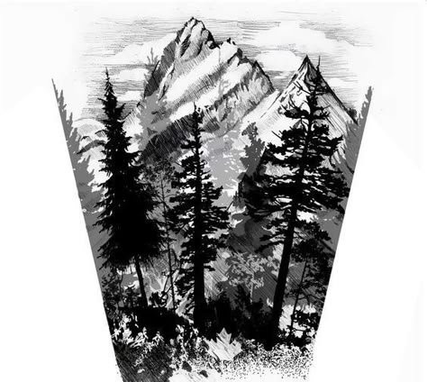 Forest Tattoo Sleeve Stencil, Forest Tattoo Stencil, Forest Tattoo Design Drawing, Forest Silhouette Tattoo, Forest Mountain Tattoo, Wilderness Tattoo Sleeve, Mountain And Tree Tattoo, Dark Forest Tattoo, Mountain Sleeve Tattoo