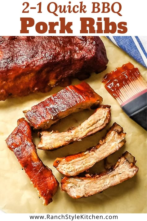 This 2-1 Quick BBQ Pork Ribs recipe is the best way to get smoky, fall off the bone tender ribs in only 3 hours! In this easy 2-step method, the ribs are braised in the oven for 2 hours and then slathered with BBQ sauce before finishing off in the smoker (or pellet grill) for 1 hour. They are so finger-licking delicious! Quick Rib Recipes, Pellet Smoker Ribs, Pellet Grill Ribs, Ribs Bbq Sauce, Easy Pork Ribs, Pork Ribs Bbq, Babyback Ribs In Oven, Smoker Ribs, Oven Pork Ribs